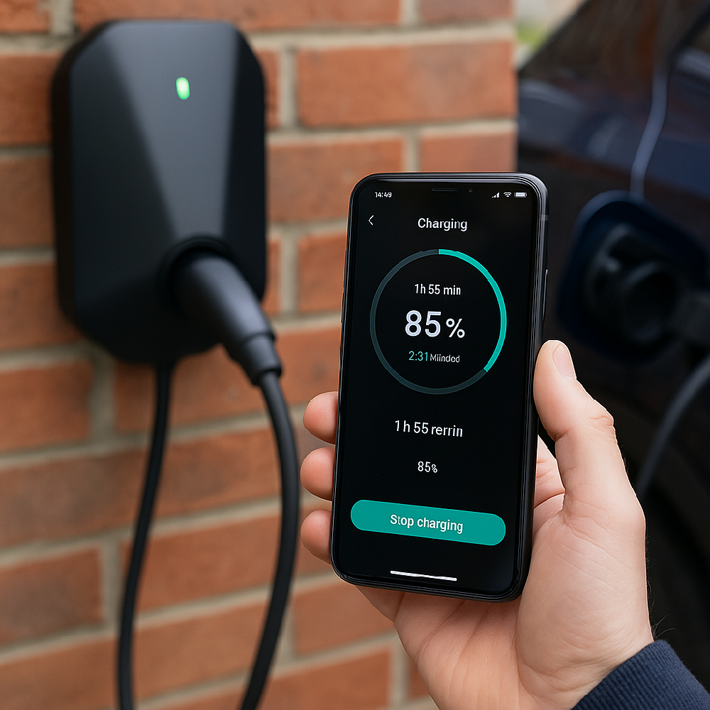 Photo of a smartphone displaying a live EV charging session via a smart app, next to a home charger.